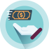Icon image of a speeding dollar over a hand, symbolising fast payment.