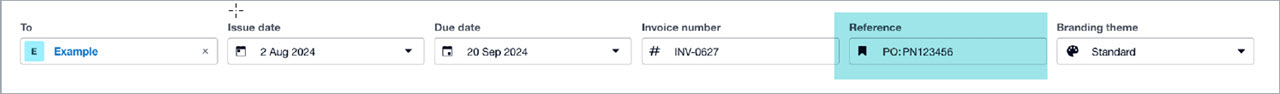 This diagram shows parts of an invoice to be completed. It highlights a completed Reference field with an example of “PO:PN123456”, where “PO” stands for “Purchase order”. Alternative examples may include Contract numbers (“CN”) Project Numbers (“PN”) or Tender numbers (“TN”).